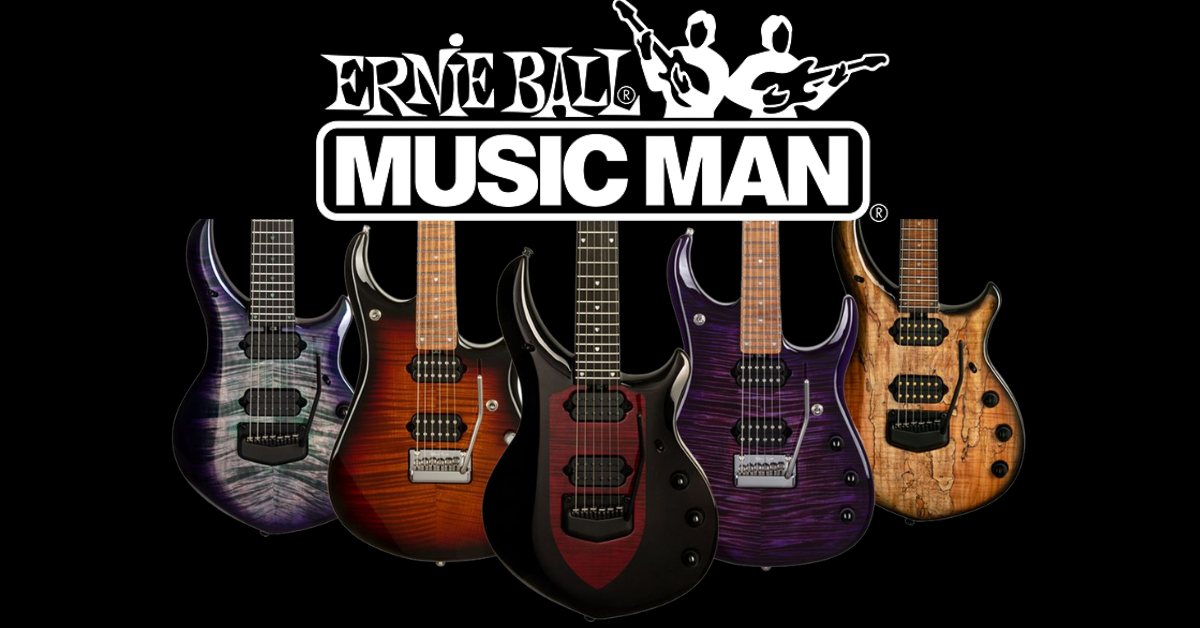Ernie Ball Music Man logo and guitars